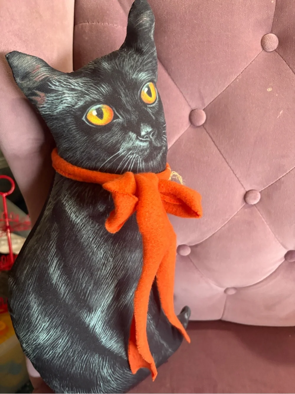 Vintage style Black Cat Pillow Décor with Orange Bow - Unbranded